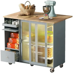 Kitchen Cart with Rubber Wood Drop-Leaf Counter top, Rolling Kitchen Island Carts with 3 Drawers and Cabinet, Kitchen Cart