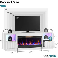 70” Fireplace TV Stand for TVs Up to 80", LED Entertainment Center with 36" Electric Fireplace, Modern Fluted Media Cons