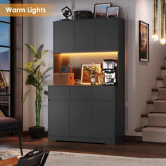 71'' Tall Kitchen Pantry Storage Cabinet with Power Outlets and Led Lights,Large Kitchen  Buffet Cabinet with Microwave Stand