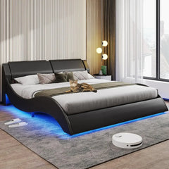 Bed Frame, King with Headboard and LED Lights, Contemporary Faux Leather, Wavy Curve Bed Frames, Platform Bed Frame