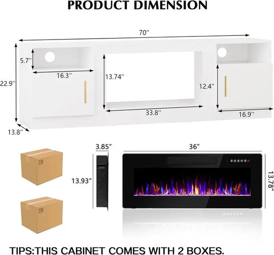 Fireplace tv Stand with 36 inch Fireplace Up to 80"TVs,LED Light Entertainment Center and Storage,70Modern Wood Media TV Console