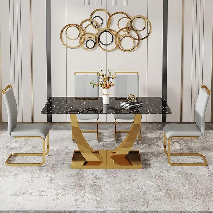 63” Glass Dining Table Set for 4,Modern Dining Room Table Set for 4,Kitchen Table and PU Leather Chairs for 4, Glass Top