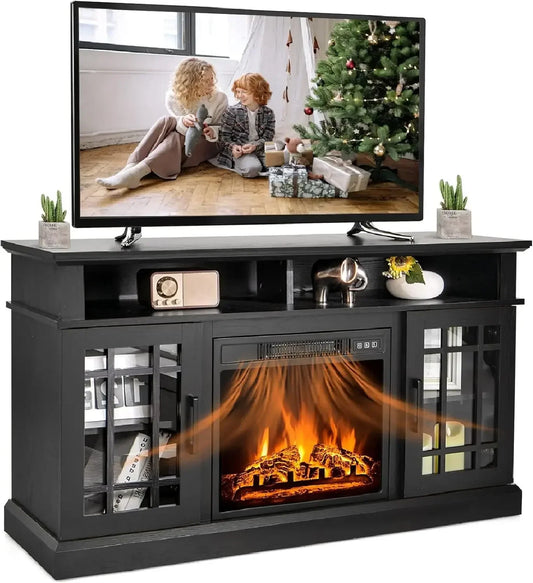 55 TV, 48 Inch Tv Stand with 18 Inch Electric Fireplace Heater, Mondern Tv Console w/Cabinets & Doors, 6H Timer & Remote Control