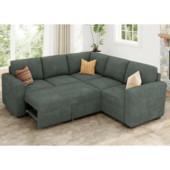 Modular Sectional Sleeper Sofa Bed, Corduroy Pull Out Couch with Storage Ottoman, U Shaped Sectional Couches for Living Room