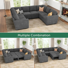 Modular Sectional Sleeper Sofa Bed, Corduroy Pull Out Couch with Storage Ottoman, U Shaped Sectional Couches for Living Room