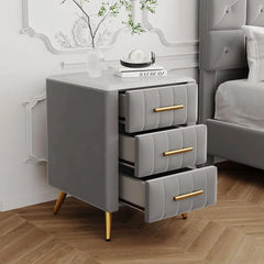 3-drawer Bedside Table with Metal Legs and Handles, Cushioned Bedside Table with Artificial Marble Countertop