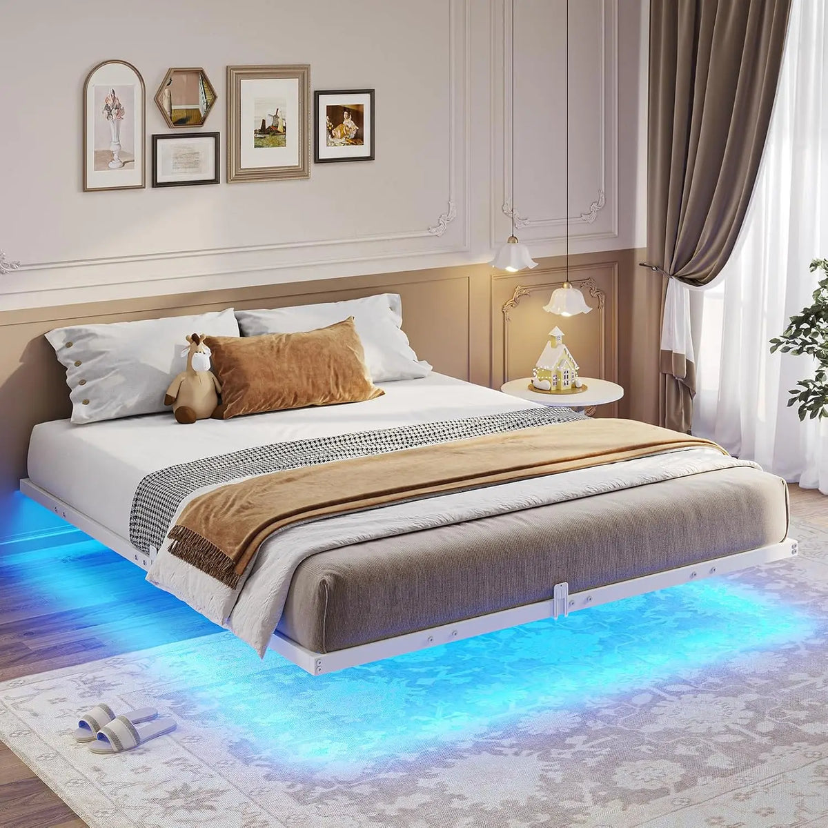 Floating Bed Frame Queen Size with LED Lights Metal Platform Queen Bed No Box Spring Needed Easy To Assemble Sturdy Durable