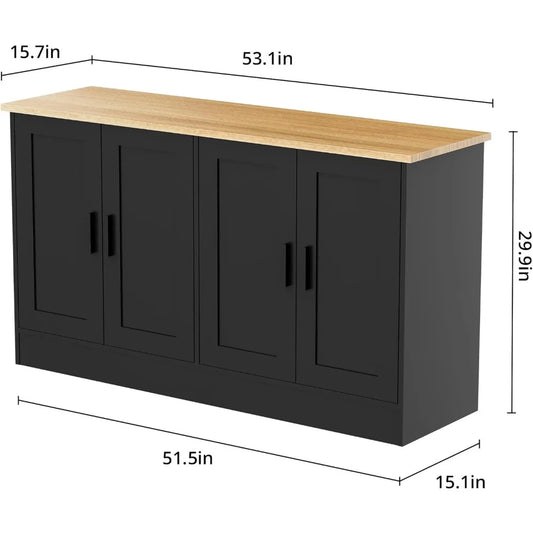 53.1“W Black 4 Door Buffet Cabinet, Coffee Bar Cabinet with Adjustable Shelf, Kitchen Buffet Sideboard for Living Room, Kitchen