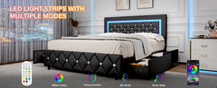 Full Size Bed Frame w LED Lights, Upholstered Bed Frame with 4 Storage Drawers,Platform Bed with Diamond Headboard and Footboard