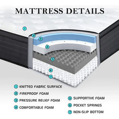 King Mattress, 12 Inch Individual Pocket Springs with Gel Memory Foam Hybrid King Size Mattress with Pressure Relief