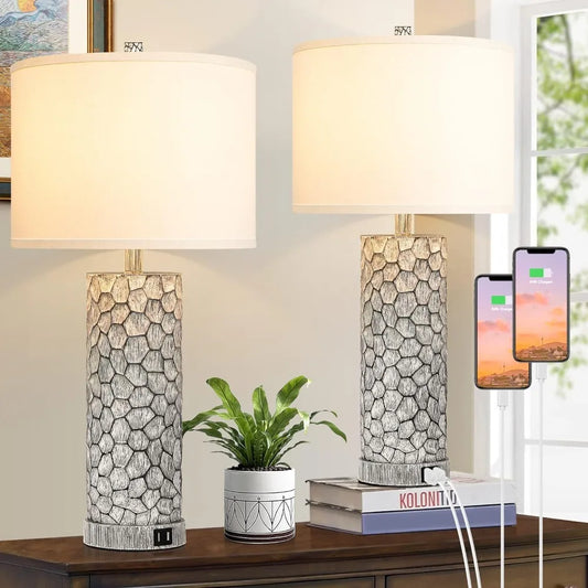 Brightever Table Lamps with Dual USB Charging Ports Set of 2 for Bedroom Living Room, 25” Tall Rustic Farmhouse Desk Lamps