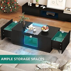 LED Coffee Tables Rectangle Center Table with Charging Station & Storage Drawers