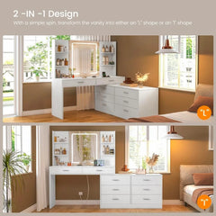 Dressers.Vanity Makeup Desk with LED Light Mirror & Power Outlet, 8 Drawers, 6 Storage Shelves, 3 Color Modes & Adjustable