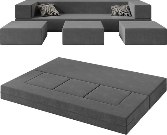 80'' Folding Bed Couch, Foam Floor Sofa with 3Ottomans& Washable Velvet Cover,Modular Sectional Sofa Futon Sleeper Convertible