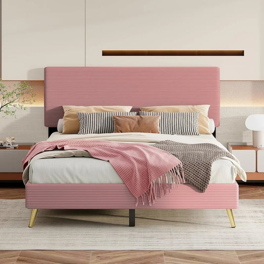 Queen Size Corduroy Platform Bed,Comfortable Upholstered Velvet Bedstead Frame,& Lath Support Noiseless No Box Spring Needed