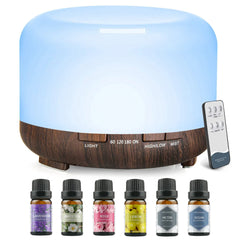 500ML Aromatherapy Oil Diffuser, Aroma Diffuser with 6 Bottle 10ML Essential Oil Set (Lavender/Rose/Jasmine/Lemon/Hilton/Ocean)