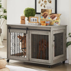 Dog Crate, End Table with Wheels and Flip Top Plate Dog House with Detachable Divider and Sliding Barn Door, Dog Crate