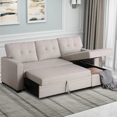 L Shaped Chaise Couch with Storage and Pull Out Bed Multifunctional Comfy Sectional Sleeper Sofa, Beige