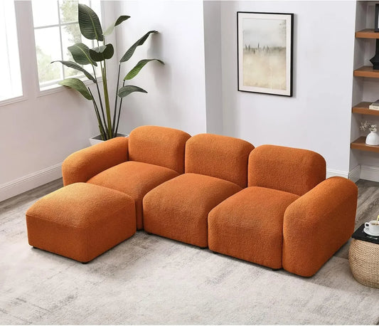 94” Living Room Sofas with Ottoman, 3-Seater, Boucle Fabric L-Shaped Modern Bubble Couch, Convertible Modular Sectional Sofas