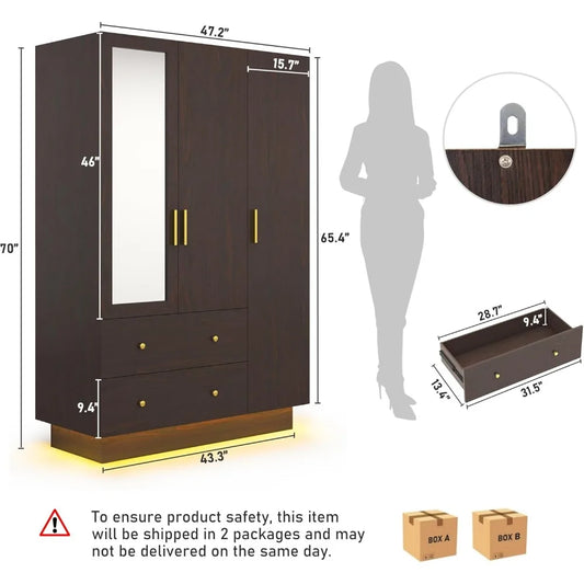 3 Doors Armoire Wardrobe Closet with Mirror, LED Armoire with Doors and Drawers, Wooden Armoire Storage Cabinet with Hanging Rod