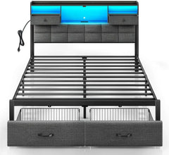 Bed Frame King Size with Drawers and Charging Station, Upholstered Platform Bed with Storage Headboard and LED Light