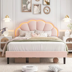 Bed Frame with Adjustable Elegant Flower Headboard, Wooden Slatted Support, Full Size Platform Bed Frame