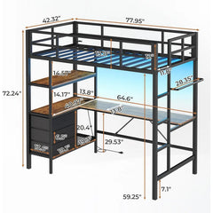 DIAC Twin Metal L-Shaped Desk, Lights,Charging Station LED Loft Bed Frame Size with 3 Storage Shelves an