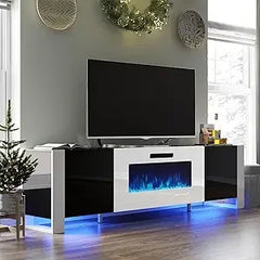 80" Fireplace TV Stand with 40" Electric Fireplace, High Gloss Entertainment Center with LED Lights, Modern Entertainment Stand