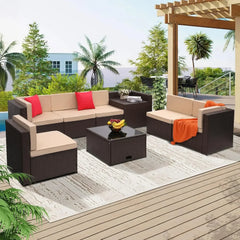 8PCS Outdoor Wicker Rattan Patio Furniture Sectional Set with Hidden Storage 7 Sofa Sections Oversized Cushions