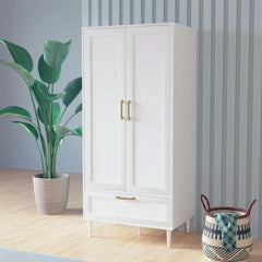 Bedroom Armoire Wardrobe Closet with Hanging Rod,60" 2 Door Almirah for Clothes with Drawers,Morden Storage Cabinet,White