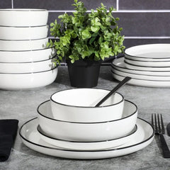 16 Piece Porcelain Dinnerware Set, White w/Black Rim, Service for 4, Dishwasher and Microwave Safe