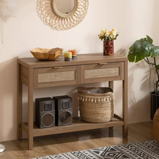 Console Table Set of 2 - Boho Entryway Table with Rattan Drawers, 2 Tier Shelf, Narrow Long Sofa Tables for Living Room