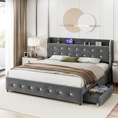 King Size Bed Frame with 4 Storage Drawers, Upholstered Platform Bed Frame with Wingback Tufted Headboard, No Box Spring Needed