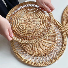 Rattan Woven Placemats Handmade Macrame Boho Coaster Modern Farmhouse Fringe Placemats for Dining Table Kitchen Wedding Decor