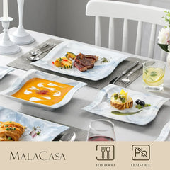 MALACASA Dinnerware Sets for 6, 30-Piece Square Plates and Bowls Sets, Porcelain Dishes Dinnerware Set with Dinner Plate and