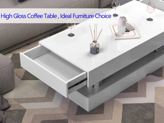 47.3IN High Glossy LED Coffee Table,Modern Center Table with 2 Storage Drawers for Living Room