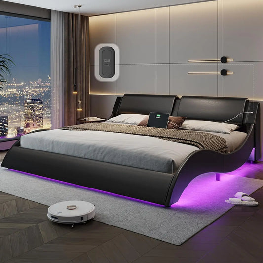 California King Bed Frame with Headboard and Led Lights Modern Cali King Led Bed Frame with USB & Type-c Ports Faux Leather