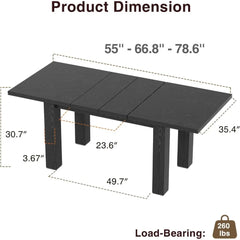 Expandable Dining Table for 6-10 Persons, 55'' to 78'' Modern Black Dining Room Table with 3-Stage Extend Design, Rectangle