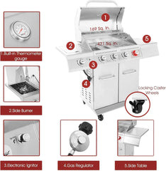 GA4402S Stainless Steel 4-Burner BBQ Propane Gas Grill, 54000 BTU Cabinet Style Gas Grill with Sear Burner and Side Burner