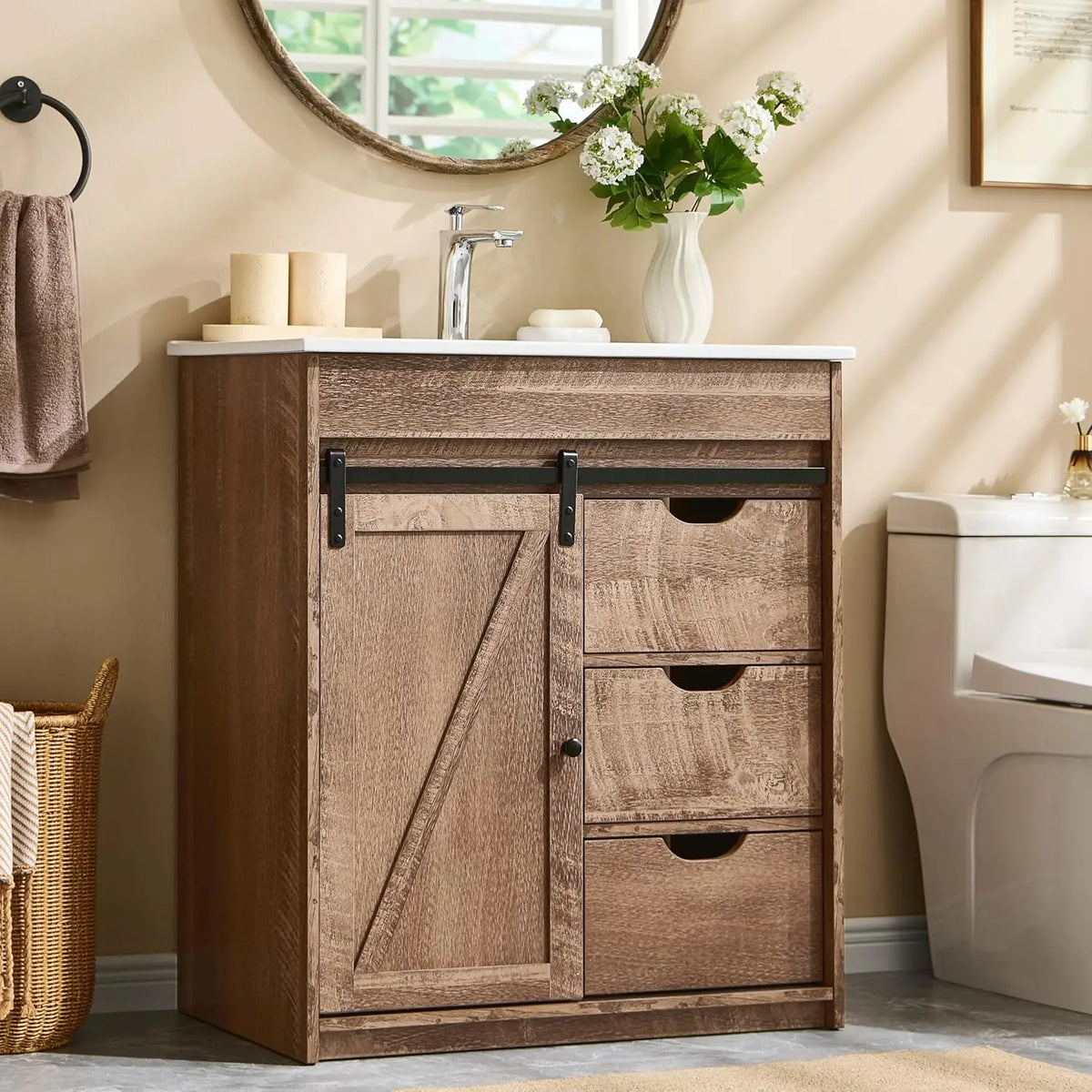 30" Farmhouse Bathroom Vanity with Sink,Modern Bathroom Cabinet w/3 Drawers , Floor Standing Bathroom Vanity , Light Brown