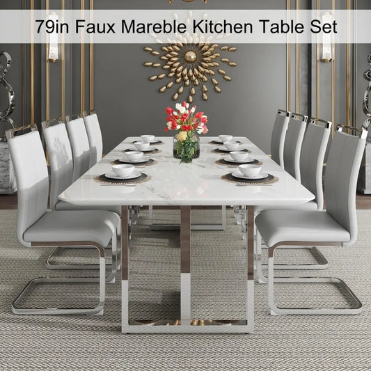 79'' Dining Table Set for 8, Luxury Dining Table Set with Faux Marble Table Top＆ 8 Pu Leather Cushioned Chairs ,Table Set