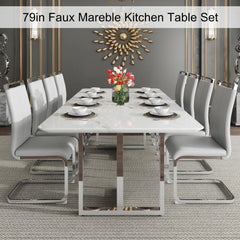 79'' Dining Table Set for 8, Luxury Dining Table Set with Faux Marble Table Top＆ 8 Pu Leather Cushioned Chairs ,Table Set