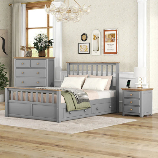 3-Pieces Bedroom Sets, Platform Bed with USB Charging Ports and Storage Chest, Storage Nightstand and Dresser, Bedroom Furniture