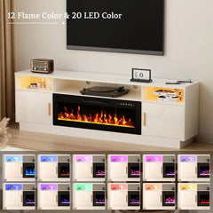 70'' TV Stand with 36'' Fireplace-LED Light Entertainment Center for 75+ inch TV-White TV Cabinet with Storage