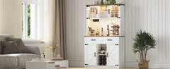 Bar Cabinet with LED Lights & Power Outlets, Kitchen Buffet with Hutch & 2 Large Drawers, Barn Door Design, 8 Storage Shelves