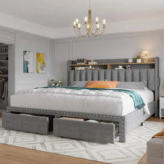 King size bed frame with storage space and headboard, king size bed frame with 2 drawers, noiseless and no need for a spring box