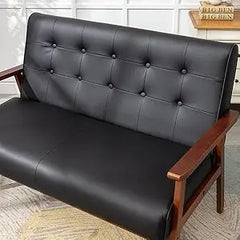 Mid-Century Modern Solid Loveseat Sofa Upholstered Faux Leather Couch 2-Seat Wood Armchair Living Room/Outdoor Lounge C