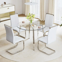 Dining Table, Round Glass, Tempered Glass Top and 4 Chairs with Seat and Sturdy Chrome Legs, 5-Piece Dining Table Set