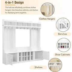 Wide Hall Tree with Storage Bench for Entryway, Bench with 10 Hooks, Coat Rack with Storage Shoe Cubbies and Cabinets, White