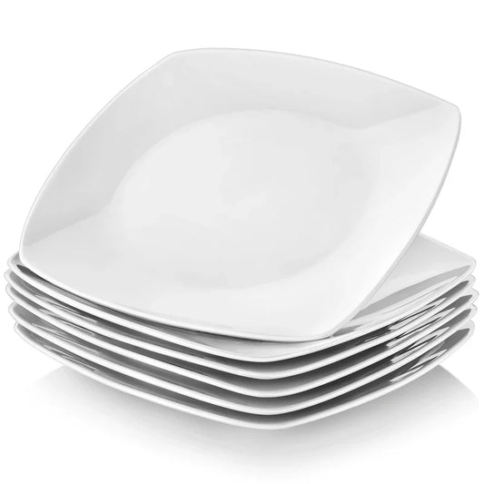 MALACASA Julia 6-Piece White Square Porcelain Dinner Plate Set Restaurant Salad Fruit Beef Flat Plate Set (23.5 * 23.5 * 2cm)